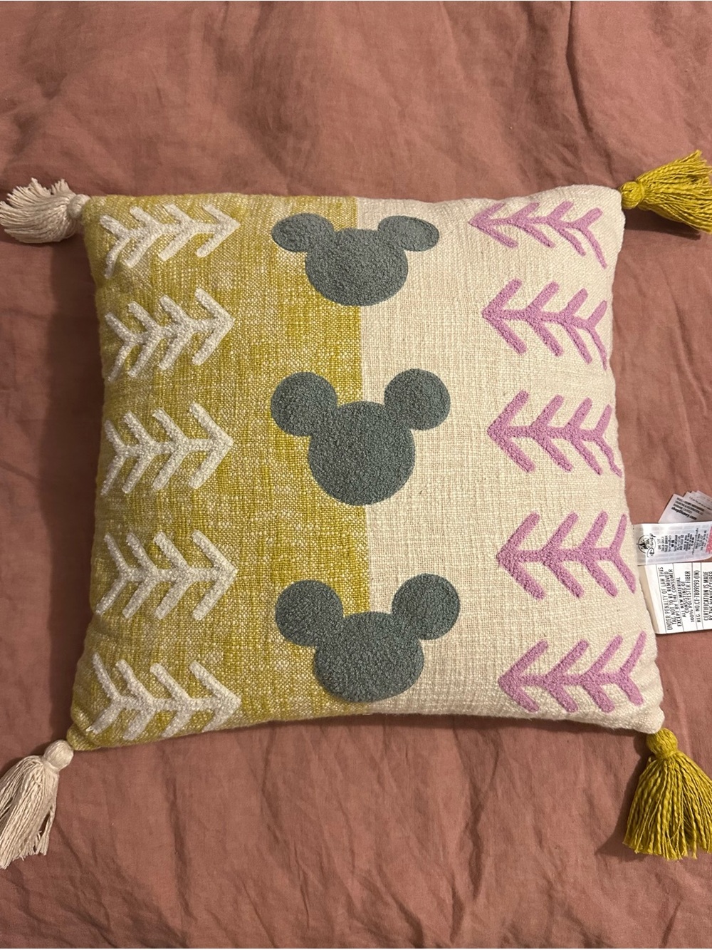 Disney Tassel Throw Pillow with Grey Mouse Motif - Yellow, Purple/pink & Cream